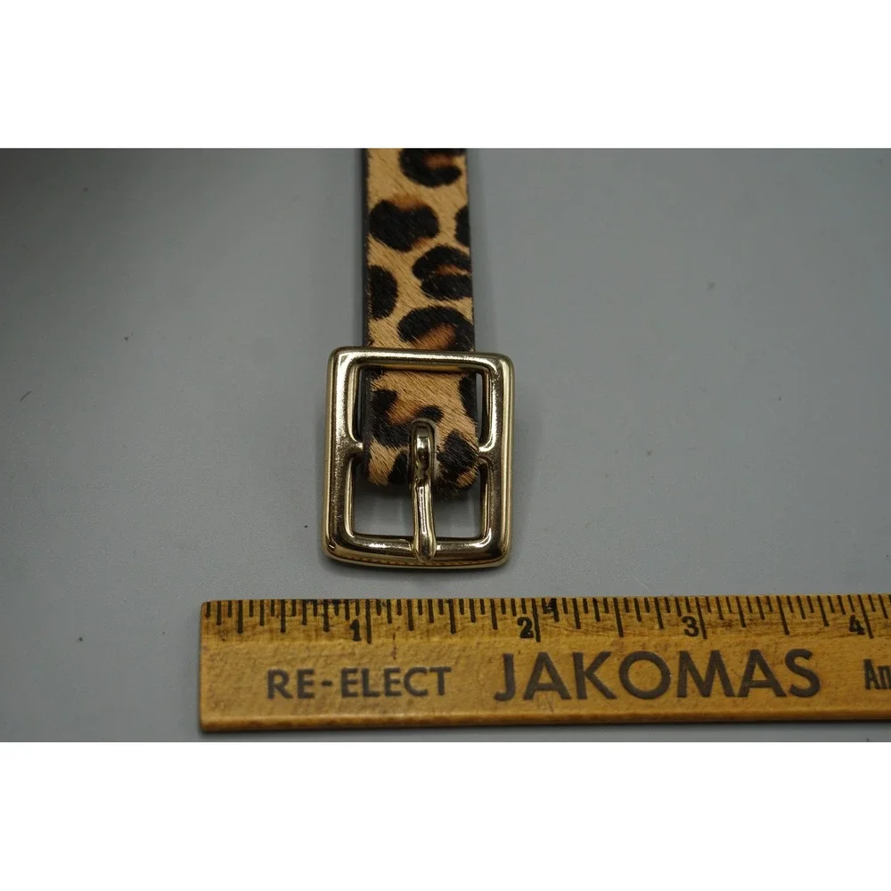 Leopard Print Calf Hair Skinny Belt Gold Buckle Animal Print Brown Tan Medium